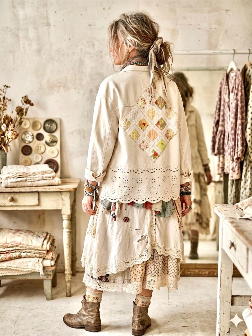 ZARA Upcycled patchwork Cream Eyelet Scallop Jean Jacket w cottagecore vibe